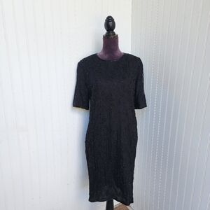 JMD New York Womens 100% Silk Dress Size L Black Sequin Beaded Short Sleeve